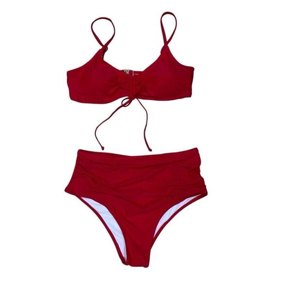 NWT BeautyIn 2Pc Bikini Swimsuit Set Women's XL Red High Waisted Drawstring Top - Picture 1 of 9